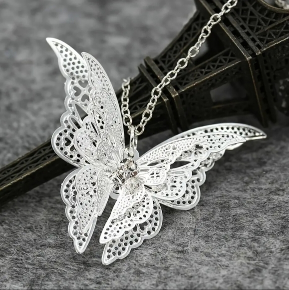 NWT Crystal Butterfly Necklace - Enchanting Hollow Wing Pendant - Picture 1 of 7